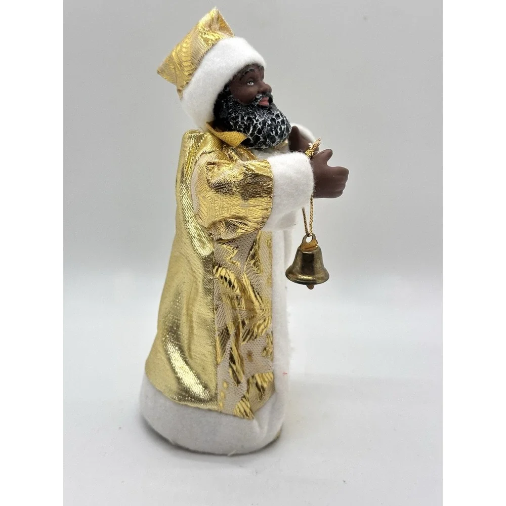African American Santa Tree Topper‎ Gold Robe Bell Christmas Decor